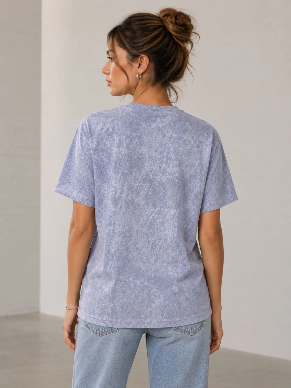 Kadın Yıkamalı Washed Effect Tişört Bisiklet Yaka Sokak Stil Kısa Kol T-Shirt - Gri