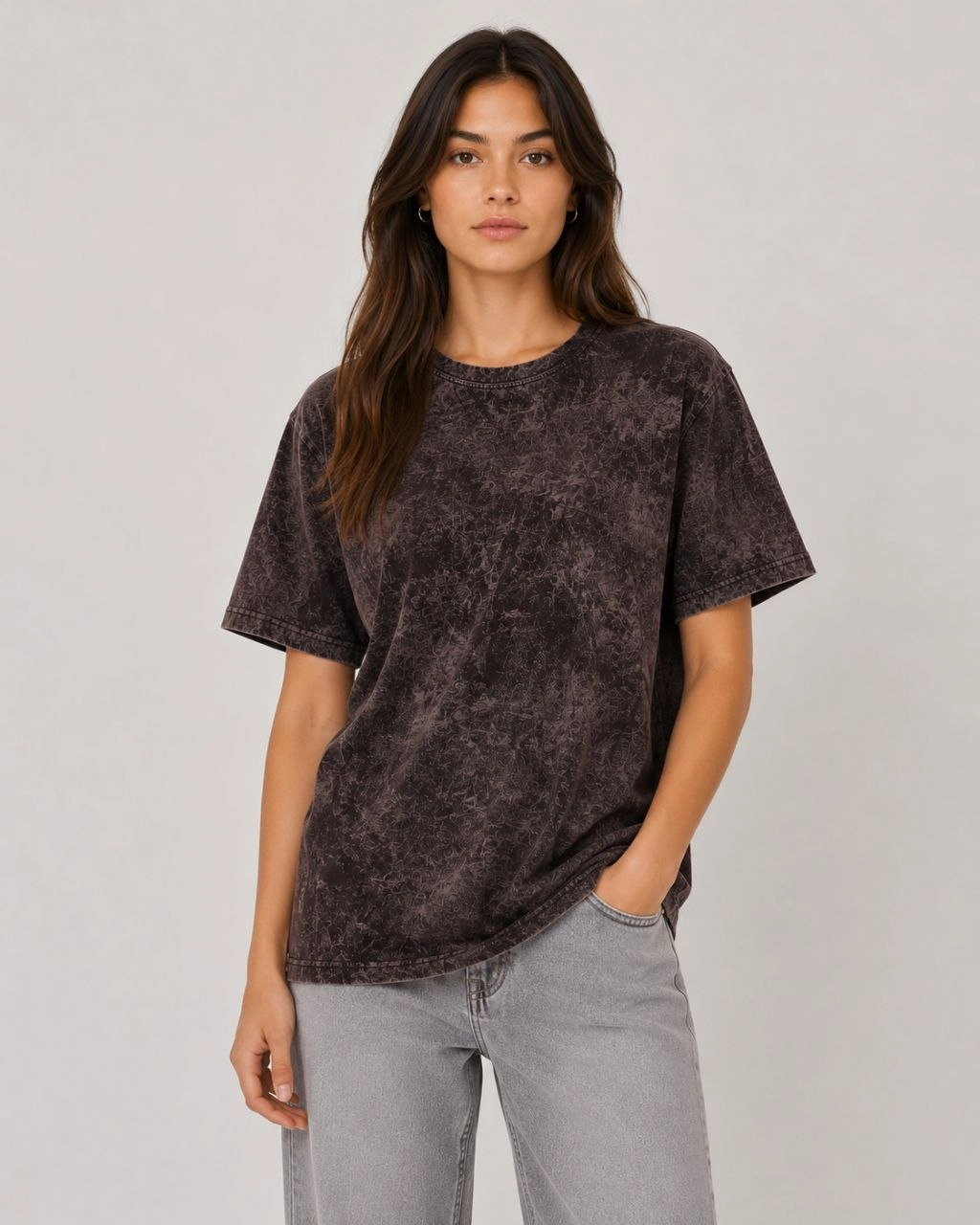Kadın Yıkamalı Washed Effect Tişört Bisiklet Yaka Sokak Stil Kısa Kol T-Shirt - Siyah