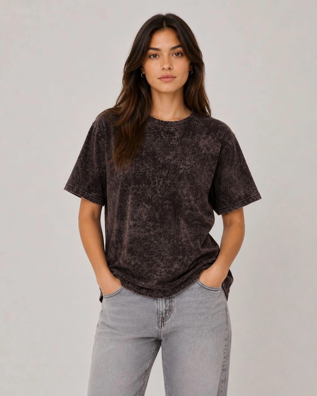 Kadın Yıkamalı Washed Effect Tişört Bisiklet Yaka Sokak Stil Kısa Kol T-Shirt - Siyah