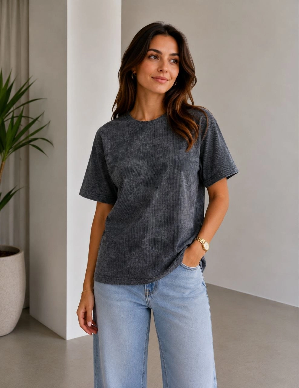 Kadın Batik Desenli Tişört Bisiklet Yaka Kısa Kol Regular Fit T-shirt - Siyah