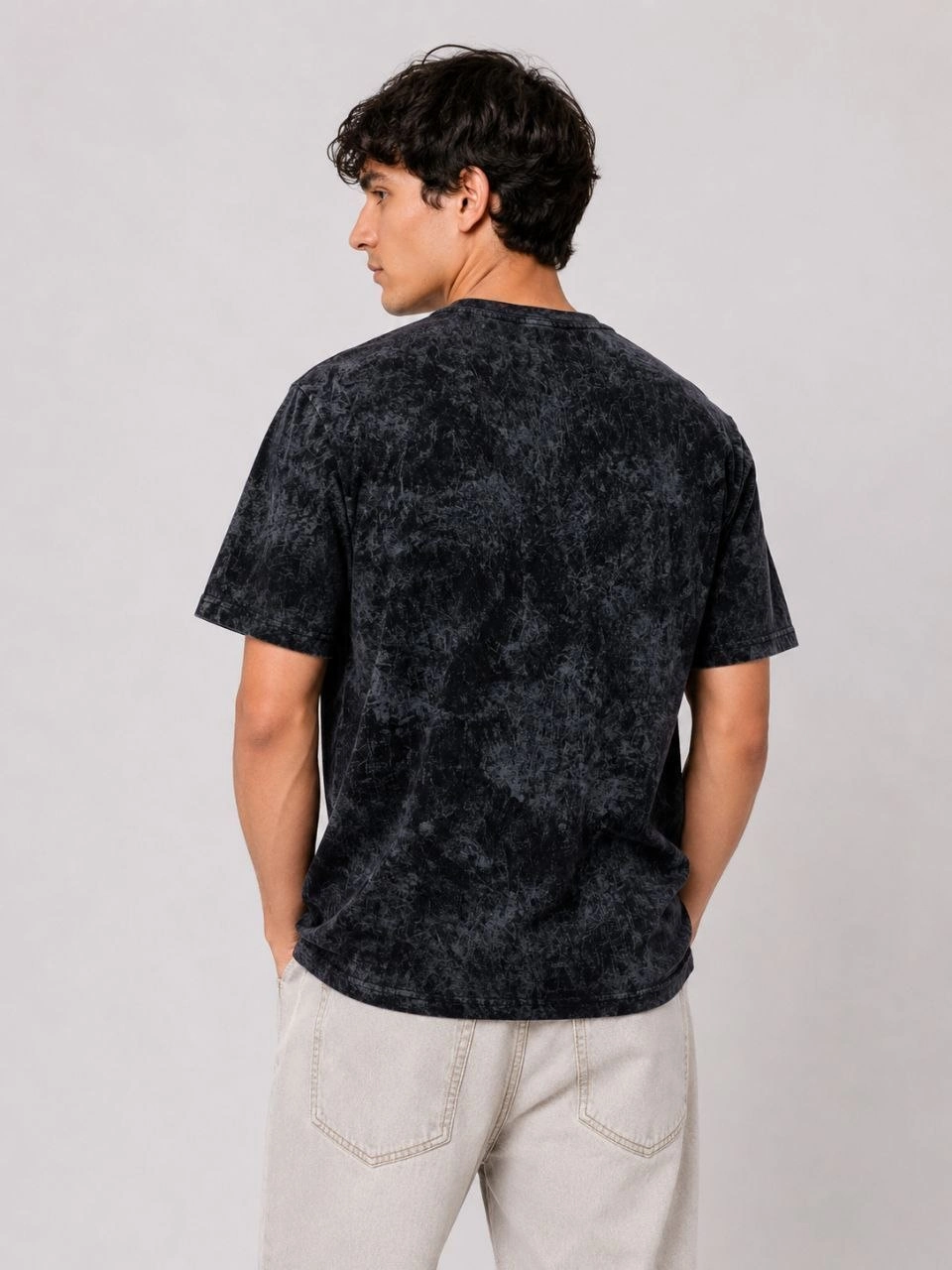 Erkek Yıkamalı Washed Effect Tişört Bisiklet Yaka Sokak Stil Kısa Kol T-Shirt - Siyah