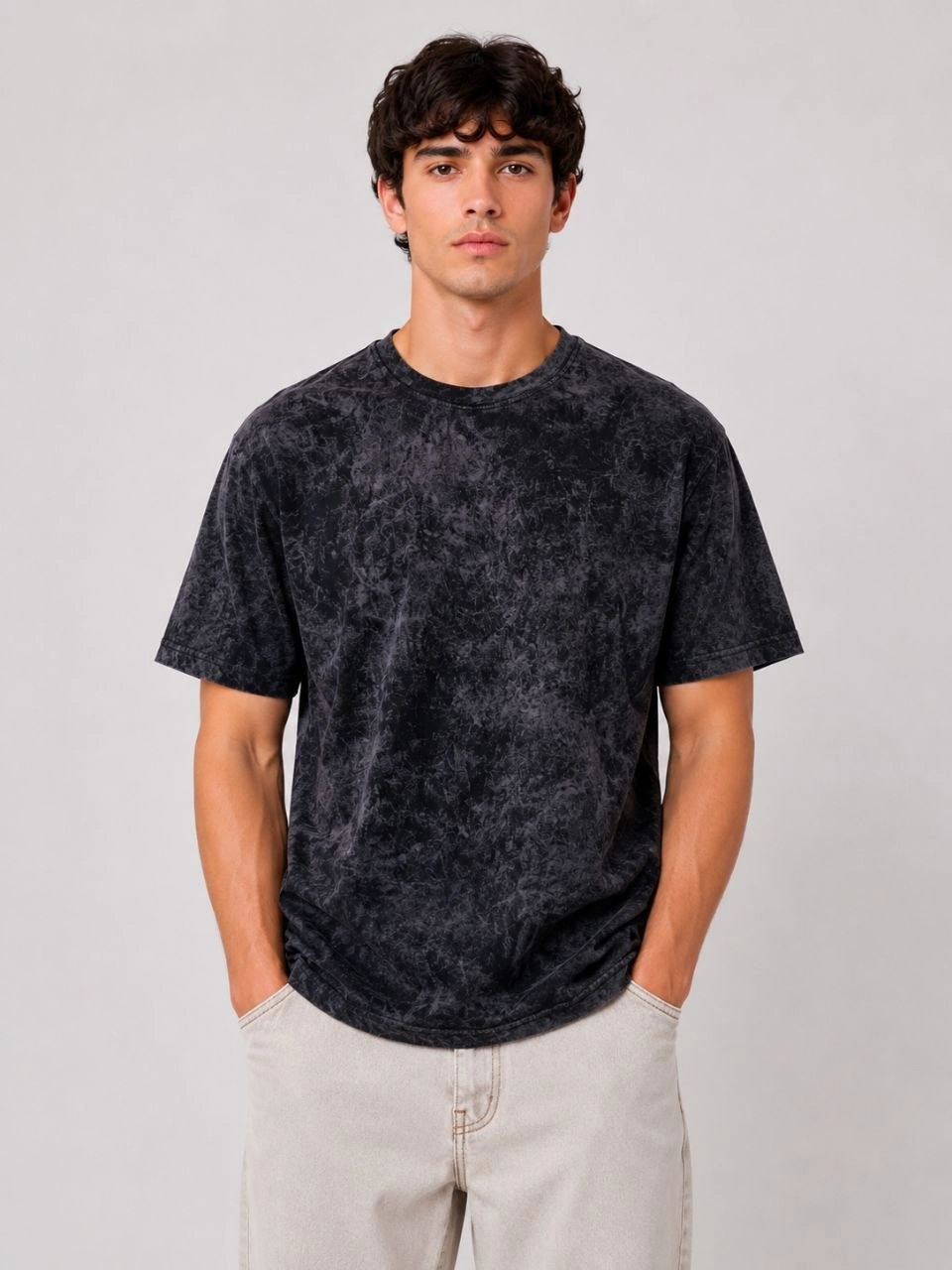 Erkek Yıkamalı Washed Effect Tişört Bisiklet Yaka Sokak Stil Kısa Kol T-Shirt - Siyah