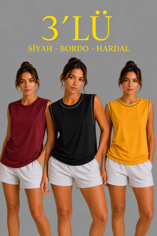 Kadın 3 lü Kolsuz Sporcu Atlet Seti Yazlık Bisiklet Yaka - Siyah, Bordo, Hardal
