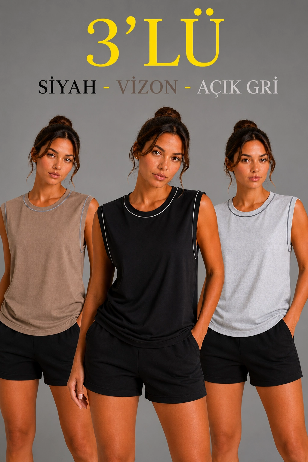 Kadın 3 lü Kolsuz Sporcu Atlet Seti Yazlık Bisiklet Yaka - Siyah, Kahverengi, Gri