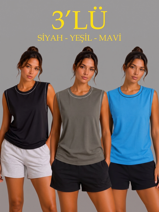Kadın 3 lü Kolsuz Sporcu Atlet Seti Yazlık Bisiklet Yaka - Siyah, Haki, Mavi