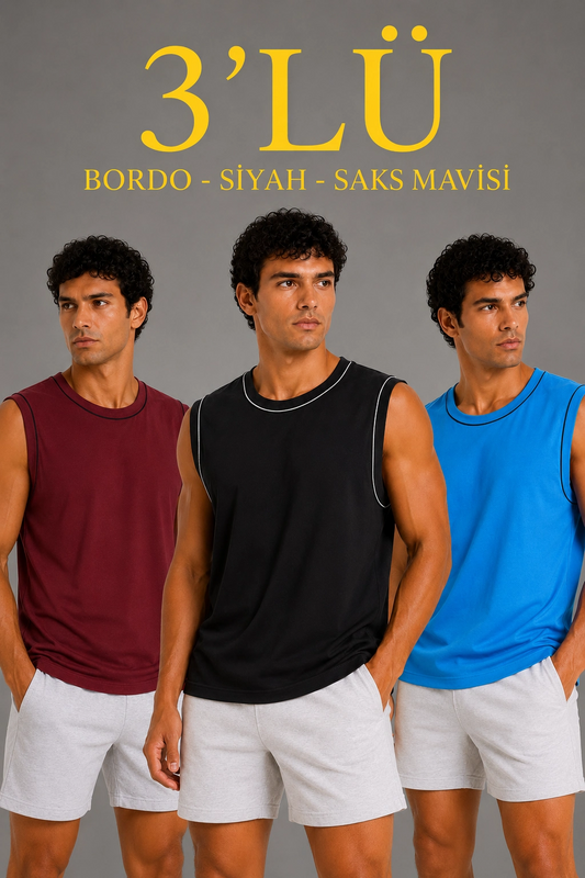 Erkek 3 lü Kolsuz Sporcu Atlet Seti Yazlık Bisiklet Yaka - Siyah, Bordo, Turkuaz