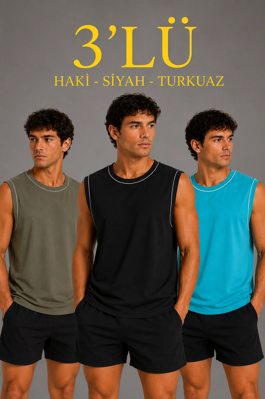 Erkek 3 lü Kolsuz Sporcu Atlet Seti Yazlık Bisiklet Yaka - Siyah, Haki, Açık Mavi