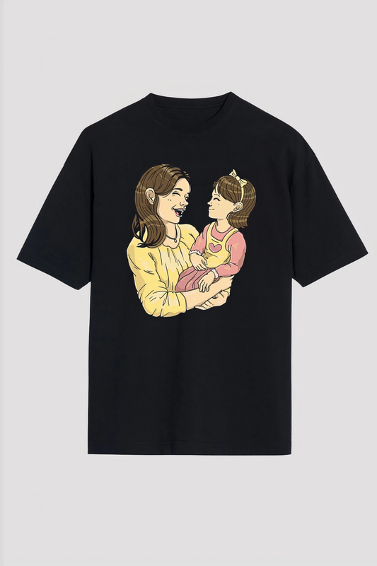 Anneler Gününe Özel Tasarım Anne Kız Baskılı T-shirt - Siyah