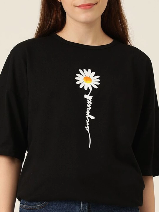 Kadın Baskılı T-Shirt Kısa Kol Bisiklet Yaka Ovarsize Rahat Kalıp Tişört - Siyah