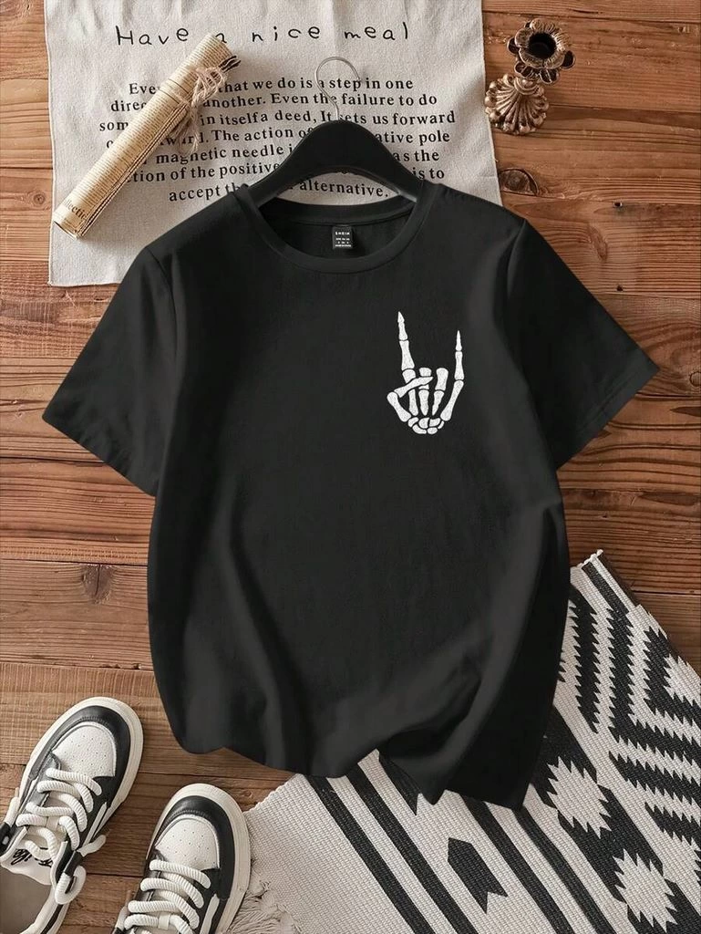 Kadın Baskılı T-Shirt Kısa Kol Bisiklet Yaka Ovarsize Rahat Kalıp Tişört -  Siyah