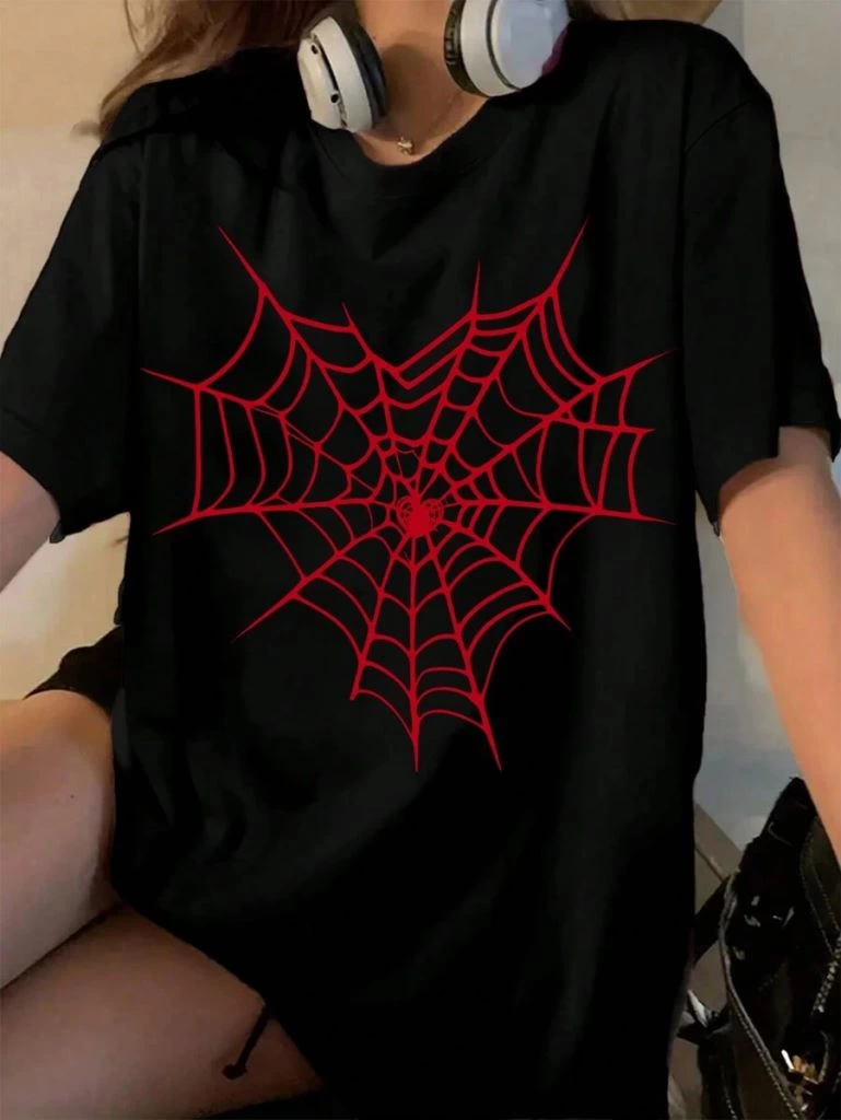 Kadın Baskılı T-Shirt Kısa Kol Bisiklet Yaka Ovarsize Rahat Kalıp Tişört -  Siyah