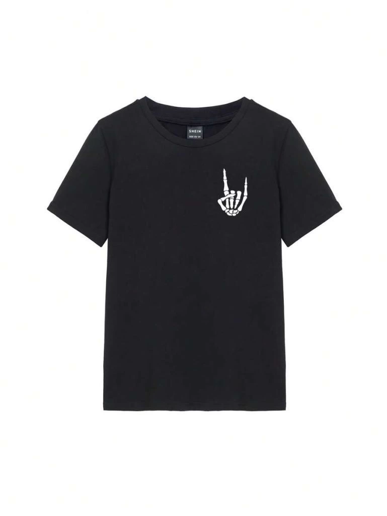 Kadın Baskılı T-Shirt Kısa Kol Bisiklet Yaka Ovarsize Rahat Kalıp Tişört -  Siyah