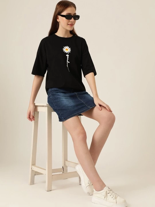Kadın Baskılı T-Shirt Kısa Kol Bisiklet Yaka Ovarsize Rahat Kalıp Tişört - Siyah
