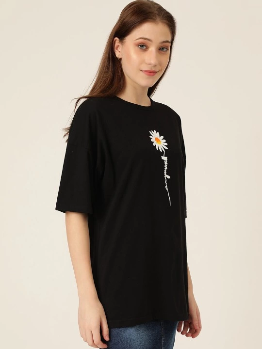 Kadın Baskılı T-Shirt Kısa Kol Bisiklet Yaka Ovarsize Rahat Kalıp Tişört - Siyah