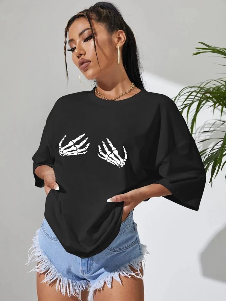 Baskılı Kadın Kısa kol  T-shirt - Siyah