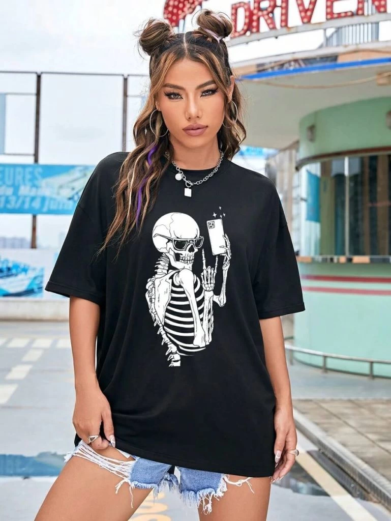 Kadın Baskılı T-Shirt Kısa Kol Bisiklet Yaka Ovarsize Rahat Kalıp Tişört -  Siyah
