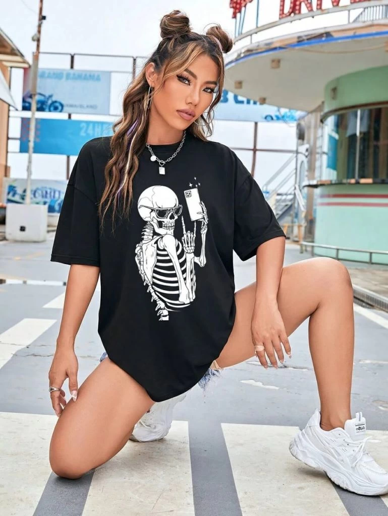Kadın Baskılı T-Shirt Kısa Kol Bisiklet Yaka Ovarsize Rahat Kalıp Tişört -  Siyah