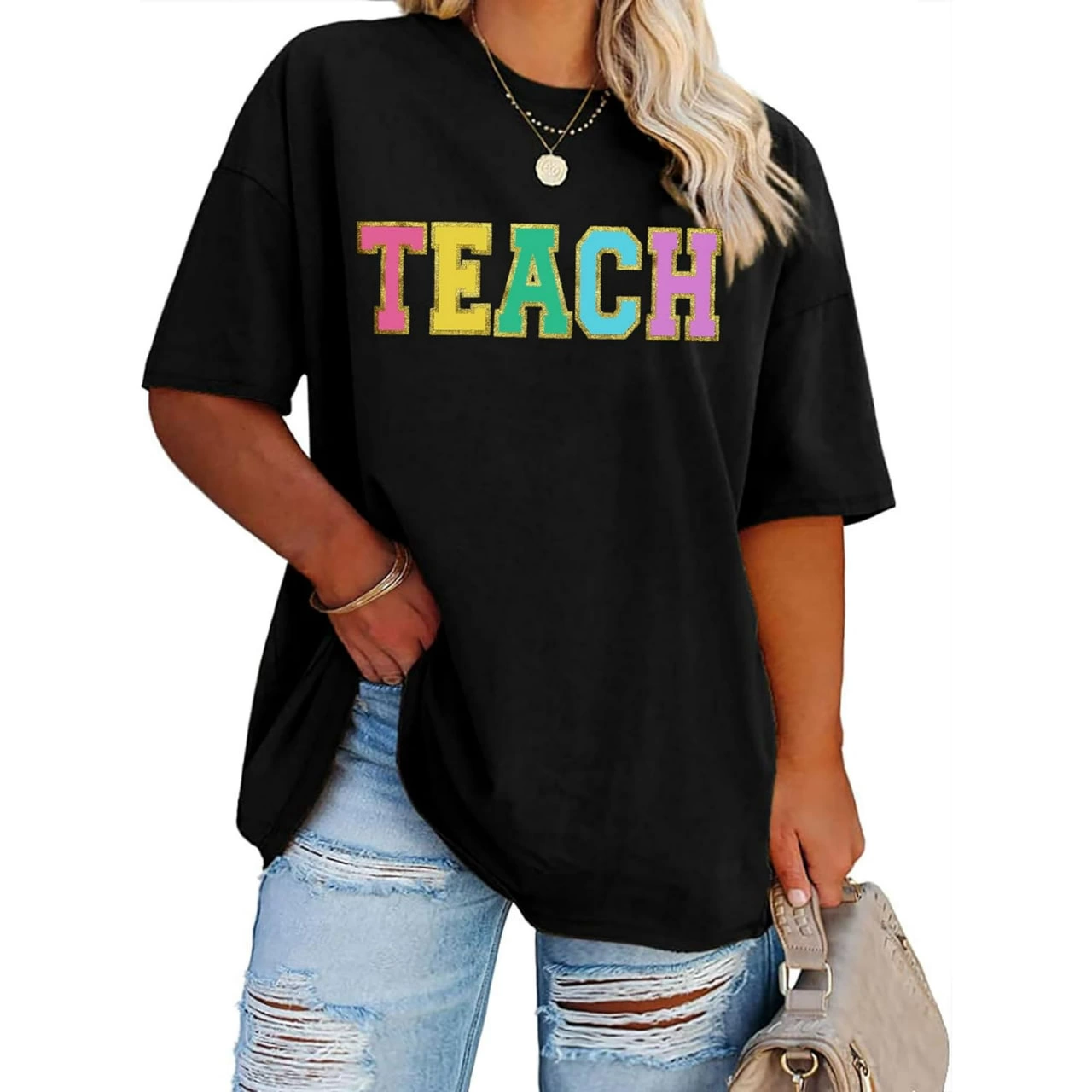 Kadın Baskılı T-Shirt Kısa Kol Bisiklet Yaka Ovarsize Rahat Kalıp Tişört -  Siyah