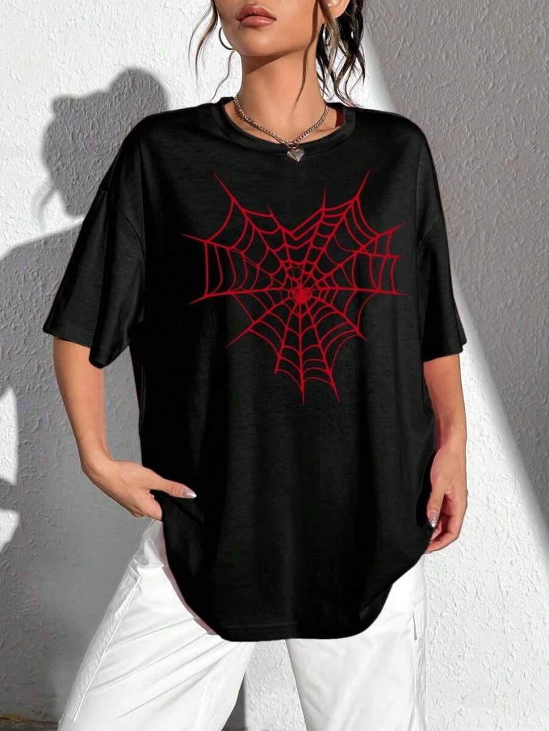 Kadın Baskılı T-Shirt Kısa Kol Bisiklet Yaka Ovarsize Rahat Kalıp Tişört -  Siyah