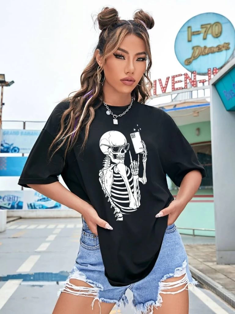 Kadın Baskılı T-Shirt Kısa Kol Bisiklet Yaka Ovarsize Rahat Kalıp Tişört -  Siyah