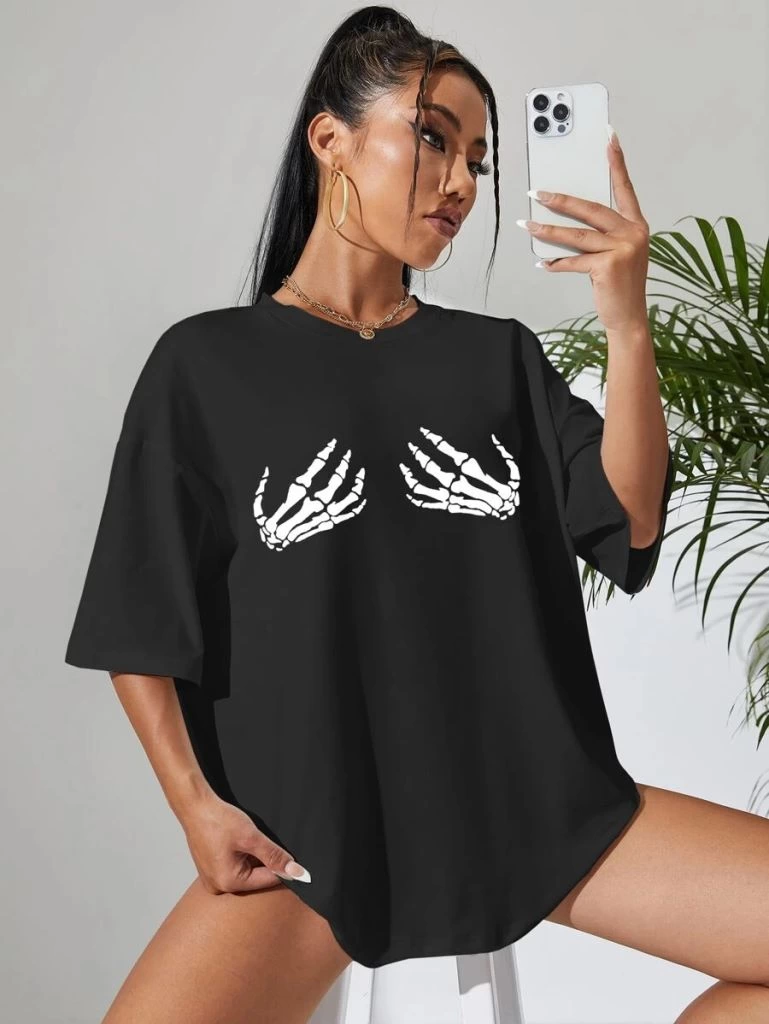 Baskılı Kadın Kısa kol  T-shirt - Siyah