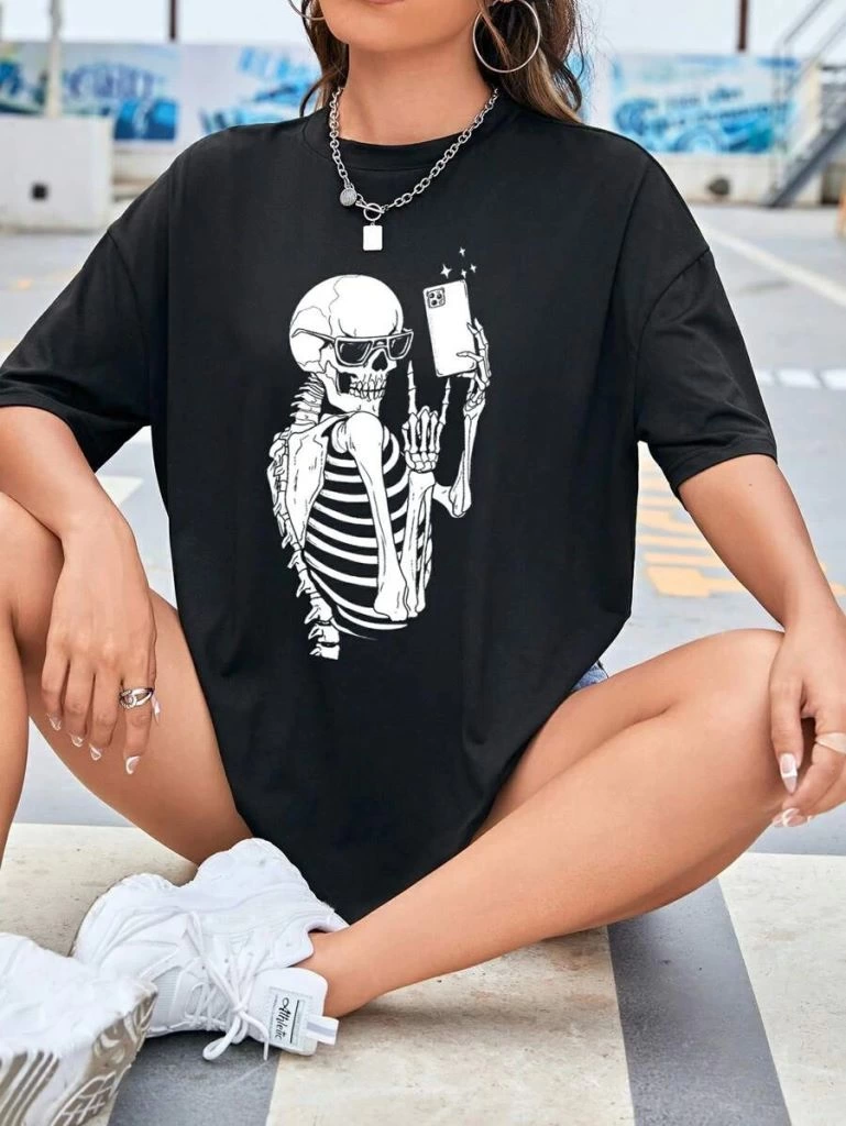 Kadın Baskılı T-Shirt Kısa Kol Bisiklet Yaka Ovarsize Rahat Kalıp Tişört -  Siyah