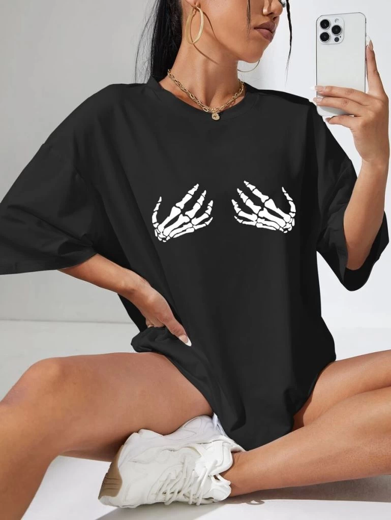 Baskılı Kadın Kısa kol  T-shirt - Siyah