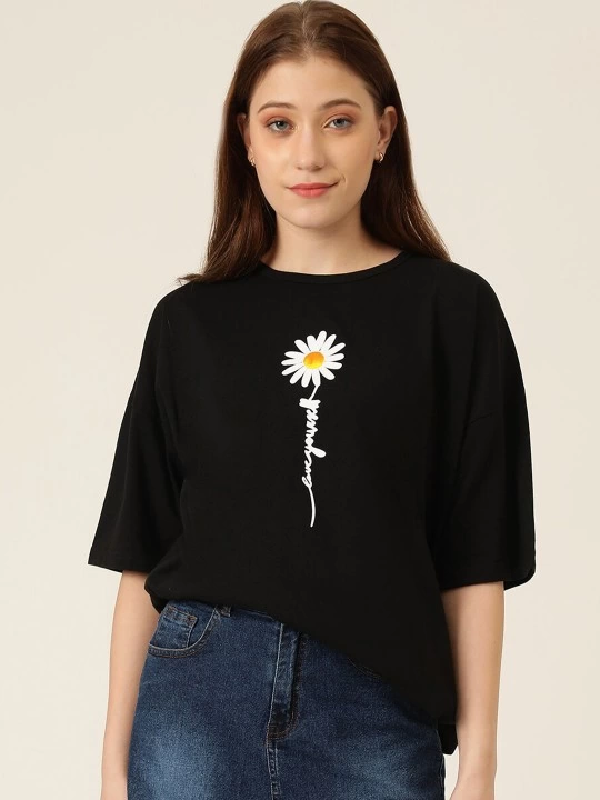Kadın Baskılı T-Shirt Kısa Kol Bisiklet Yaka Ovarsize Rahat Kalıp Tişört - Siyah