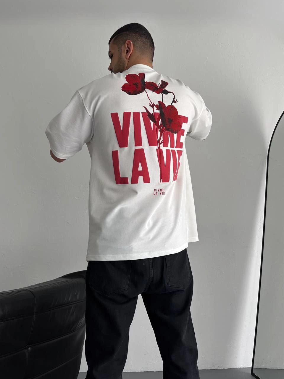 Erkek Baskılı Oversize Bisiklet Yaka Kısa kol  T-shirt - Beyaz