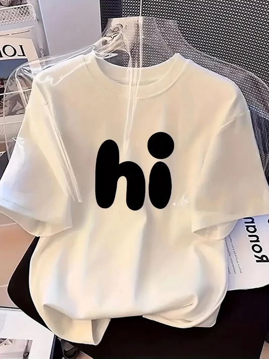 Kadın Bisiklet yaka Baskılı Kısa Kol Yazlık T-shirt - Beyaz