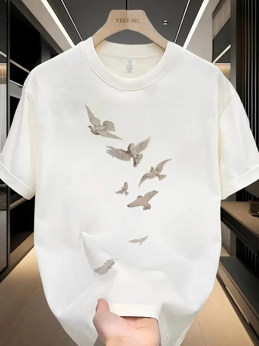 ERKEK Bisiklet yaka Tişort Özgür kuşlar Baskılı kısa kol T-shirt - Beyaz