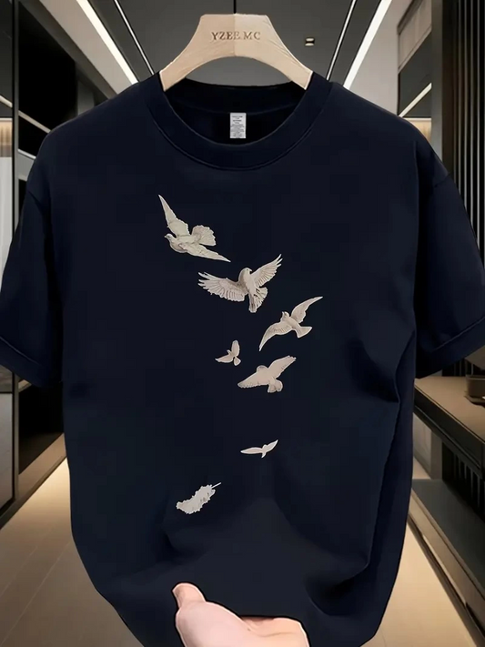 ERKEK Bisiklet Yaka Tişort Özgür kuşlar Baskılı kısa kol T-shirt - Beyaz