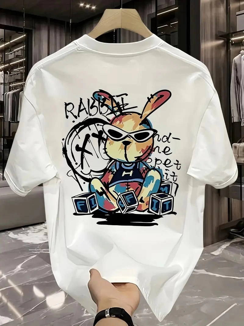 Erkek Tavşan Baskılı Kısa Kollu Tişört - Beyaz