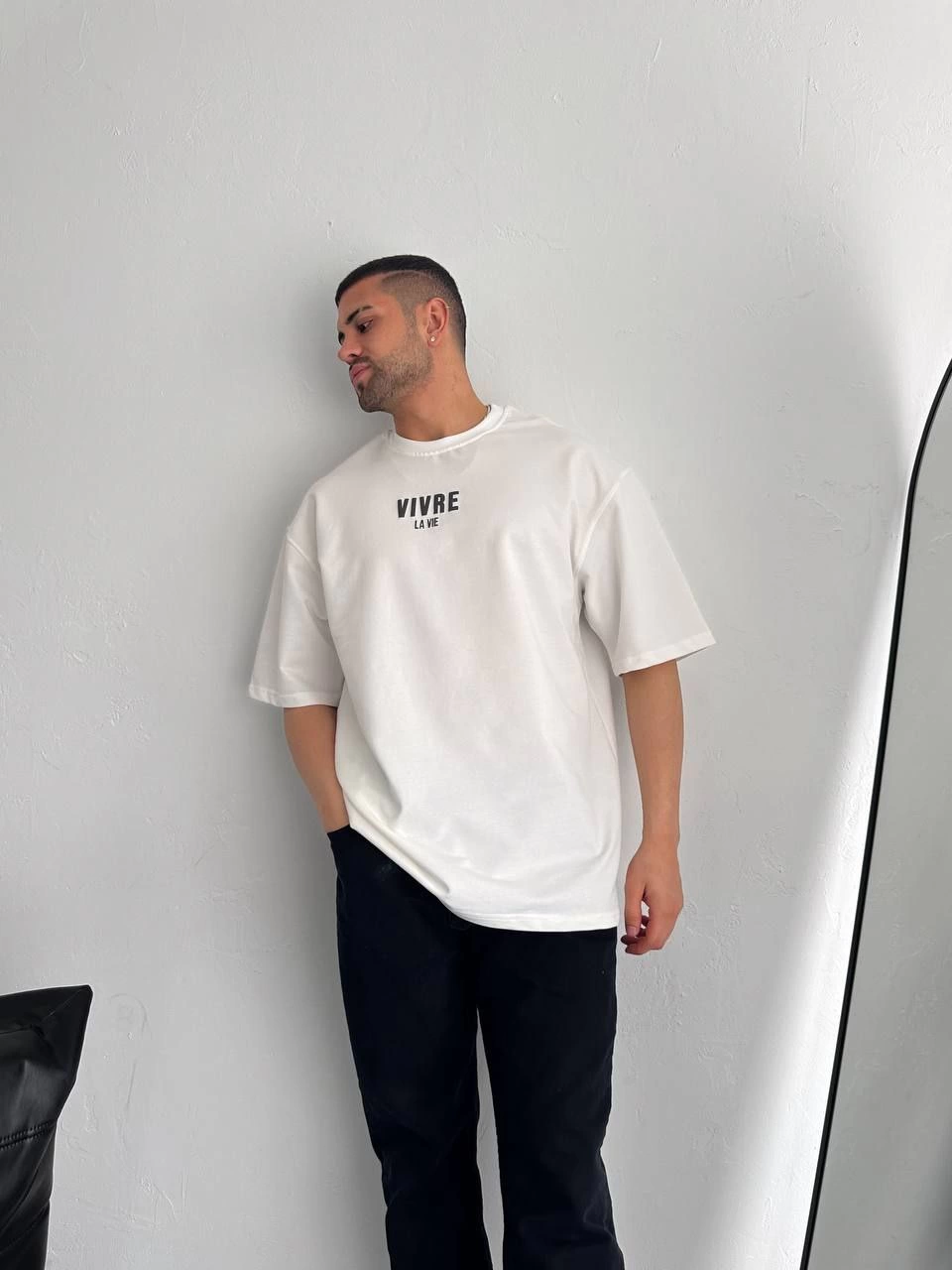 Erkek Baskılı Oversize Bisiklet Yaka Kısa kol  T-shirt - Beyaz