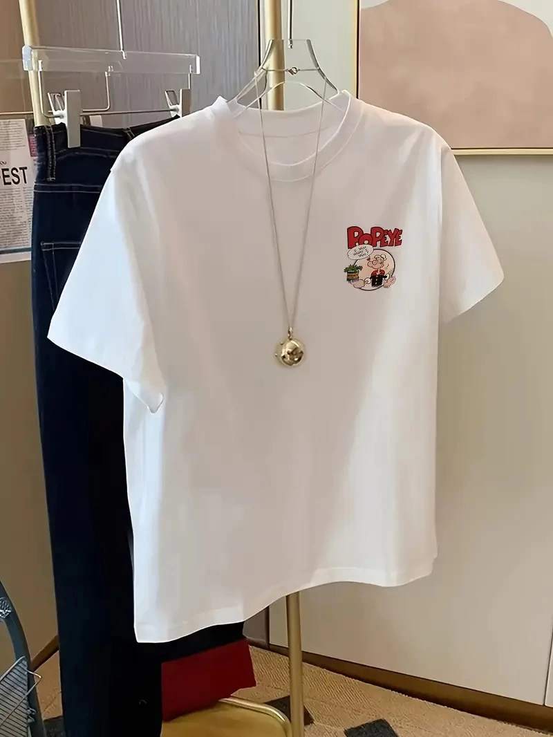 Erkek Oversize Kısa kol Tişört Popeye Baskılı - Beyaz