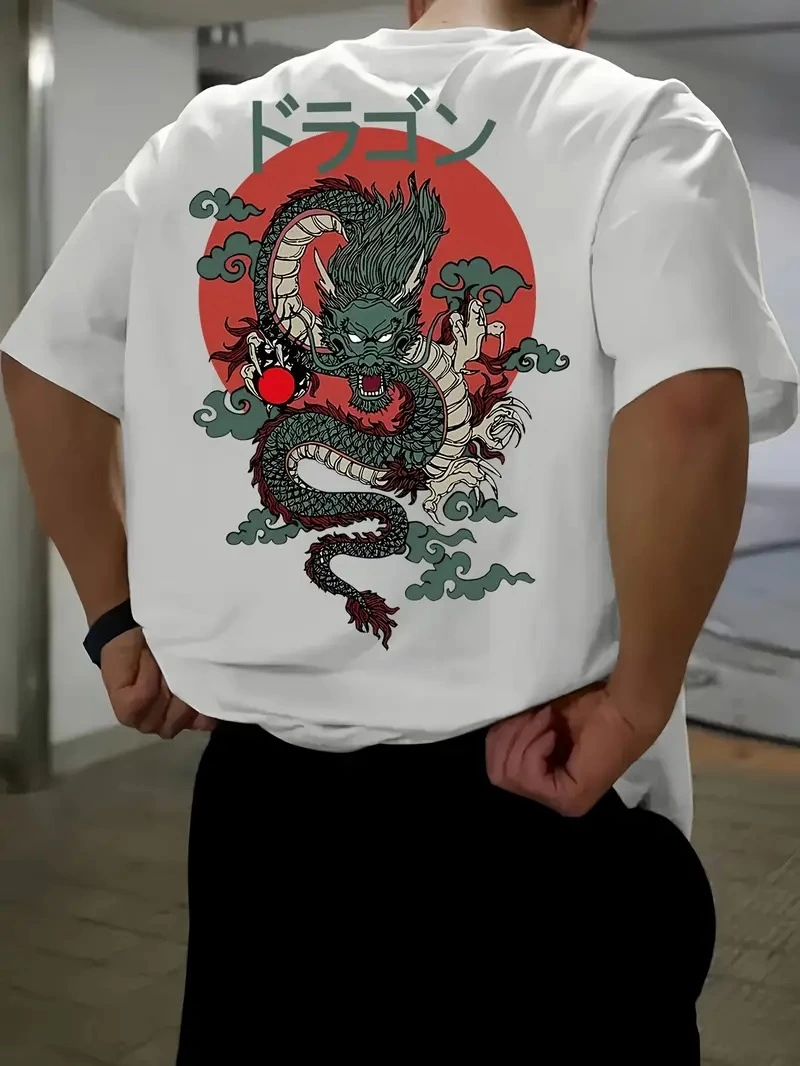 Erkek Penye Compack Ejder Baskılı Bisiklet Yaka T-shirt - Beyaz