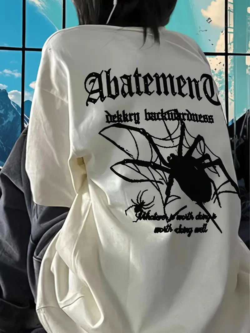 Kadın Örümcek Baskılı Bisiklet Yaka T-shirt - Beyaz
