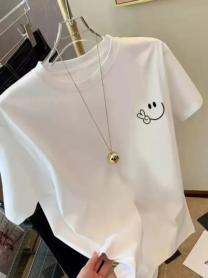 Kadın Gülücük Baskılı Tişort Kısa Kol Bisiklet Yaka Ovarsize T-Shirt -  Beyaz