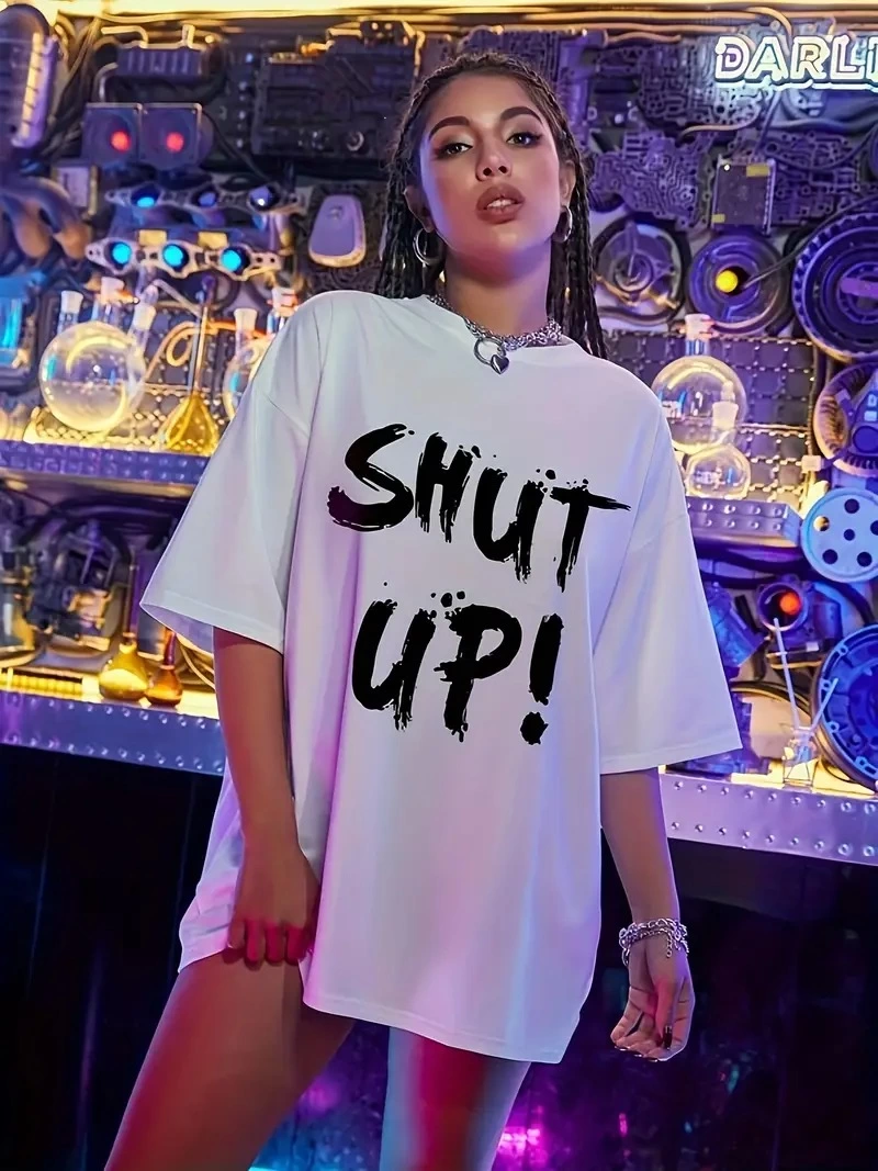 Kadın Shut Up Baskılı Tişort Kısa Kol Bisiklet Yaka Ovarsize T-Shirt -  Beyaz