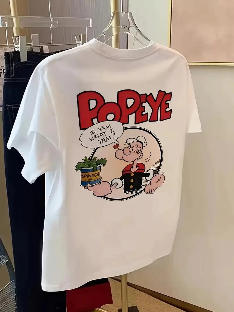 Erkek Oversize Kısa kol Tişört Popeye Baskılı - Beyaz