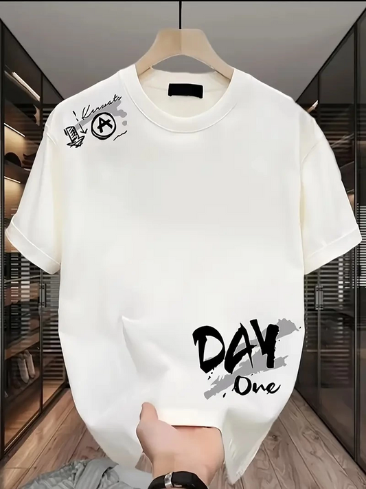 Kadın Day One Baskılı Oversize Bisiklet Yaka T-shirt - Beyaz