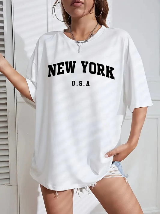 Kadın New York Baskılı Kısa Kol Bisiklet Yaka T-shirt - Beyaz