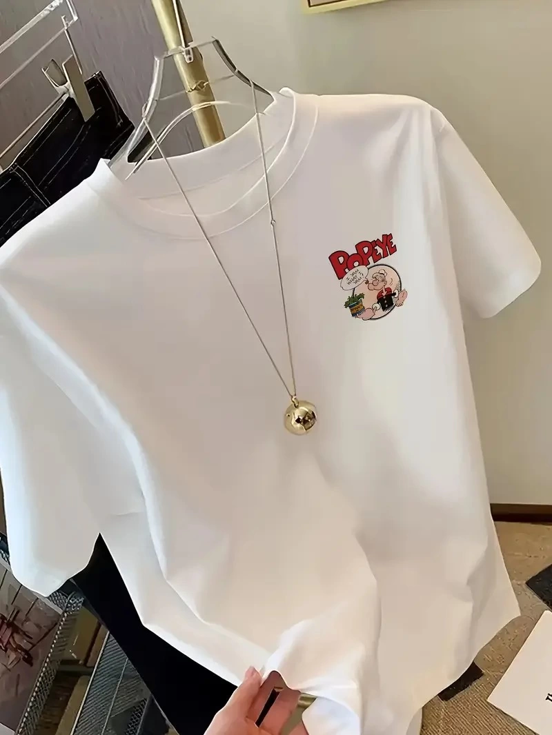 Erkek Oversize Kısa kol Tişört Popeye Baskılı - Beyaz