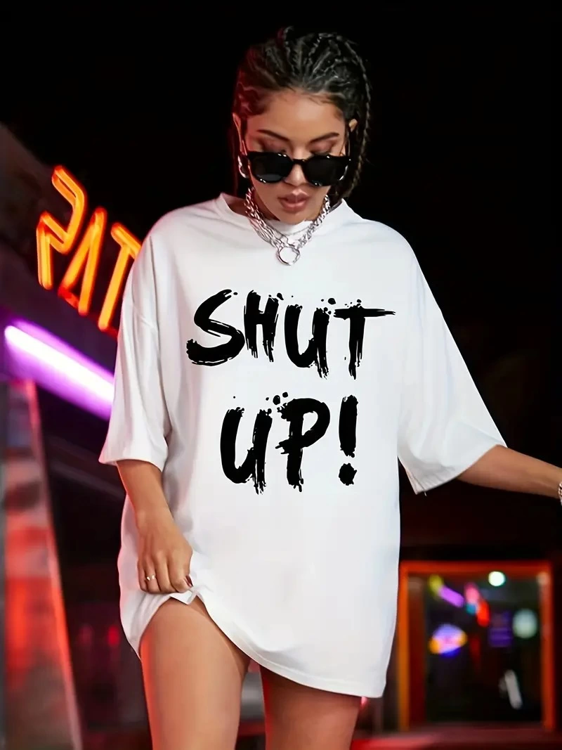 Kadın Shut Up Baskılı Tişort Kısa Kol Bisiklet Yaka Ovarsize T-Shirt -  Beyaz