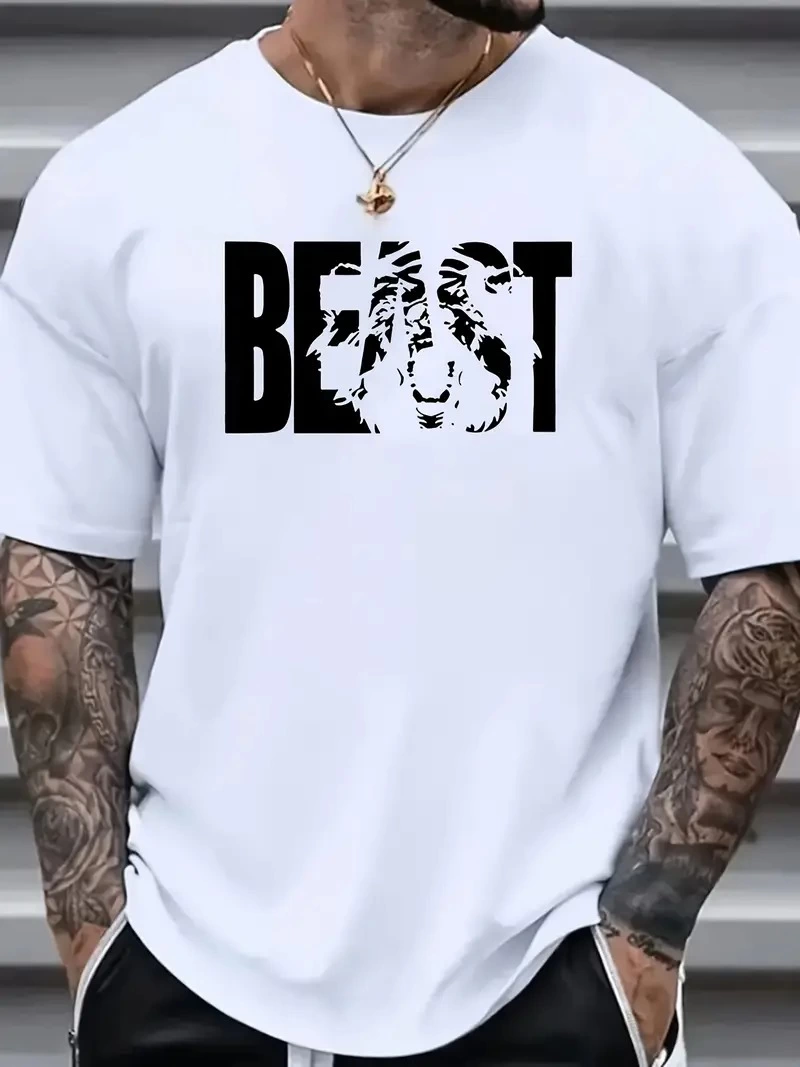 Erkek Baskılı Tişort Kısa Kol Bisiklet Yaka Ovarsize T-Shirt -  Beyaz
