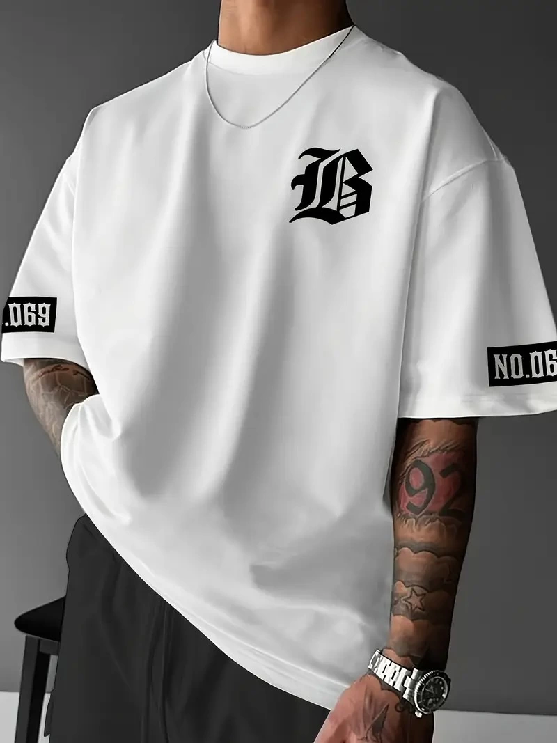 Erkek LB Baskılı Bisiklet Yaka Kısa Kol T-shirt - Beyaz