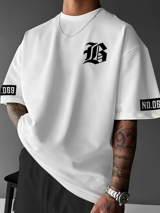 Erkek LB Baskılı Bisiklet Yaka Kısa Kol T-shirt - Beyaz