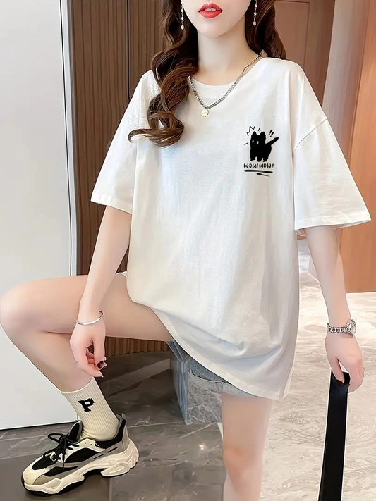 Kadın Penye Compack Tatlı Kedi Baskılı Bisiklet Yaka T-shirt - Beyaz