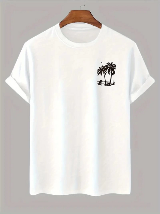 Erkek Palmiye Baskılı T-Shirt Kısa Kol Bisiklet Yaka Regular Fit Rahat Kalıp Tişört -  Beyaz