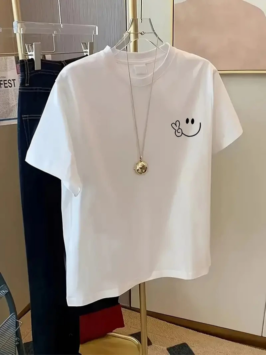 Kadın Gülücük Baskılı Tişort Kısa Kol Bisiklet Yaka Ovarsize T-Shirt -  Beyaz